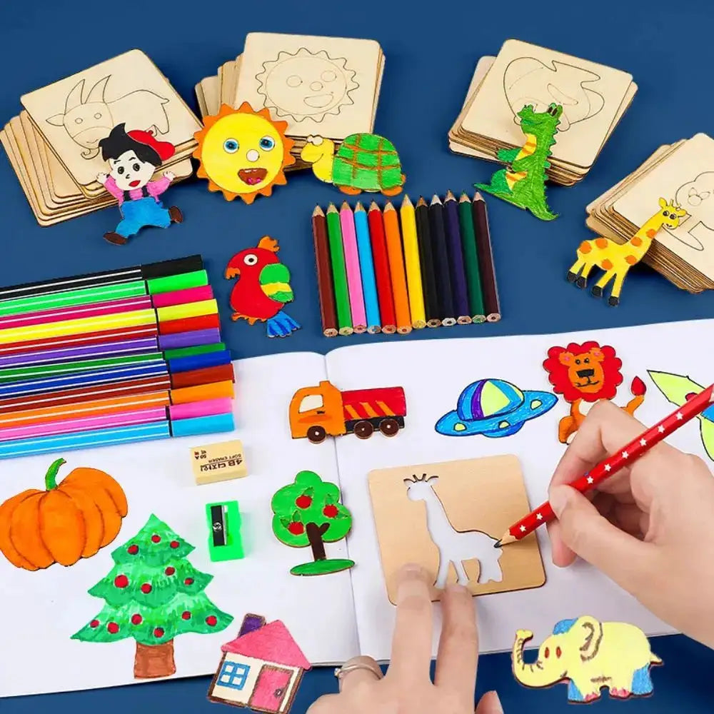 20 Pieces Montessori Wooden DIY Painting Stencils Set For Kids Educational Craft Toys And Puzzles Gift