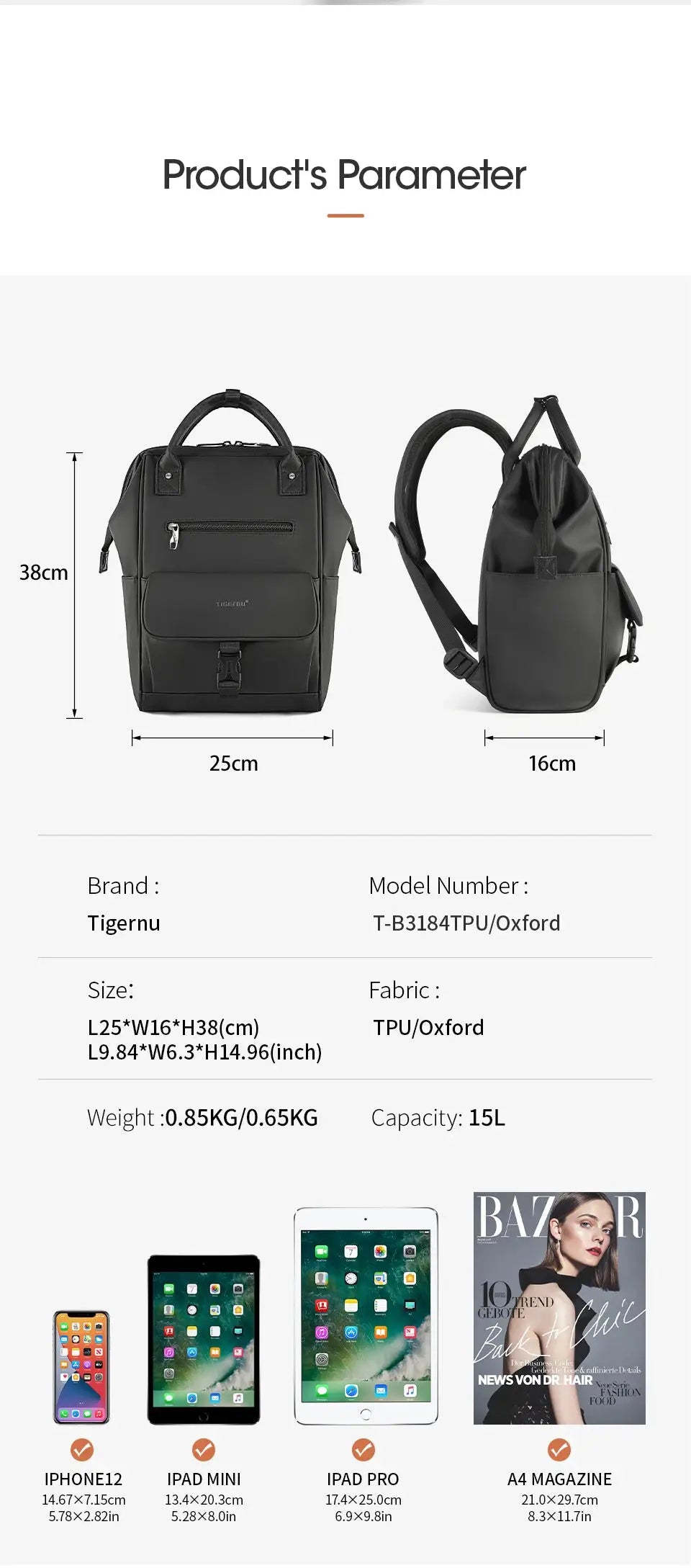 Tigernu black TPU/Oxford travel backpack, front and side views, 25cm W x 38cm H x 16cm D, 15L capacity.