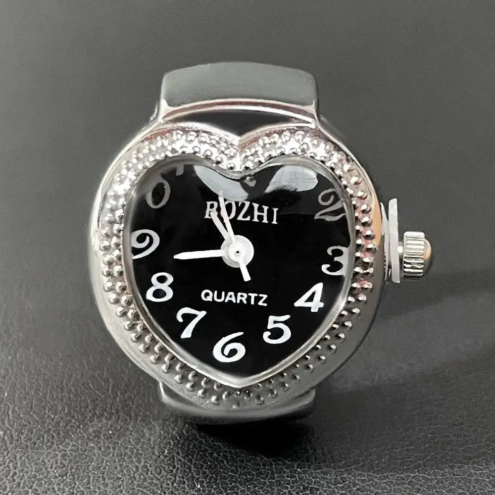 RetroPulse Heart Ring Watch With Adjustable Elastic Strap For Finger Sizes And Vintage Punk Roman Quartz Movement