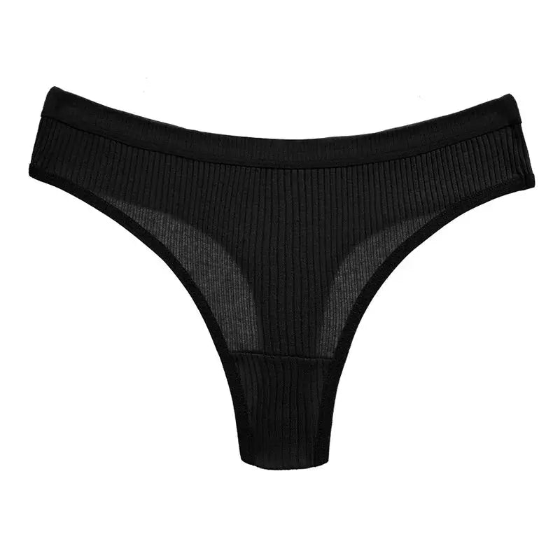 Women's black ribbed cotton thong underwear with low-rise waistband