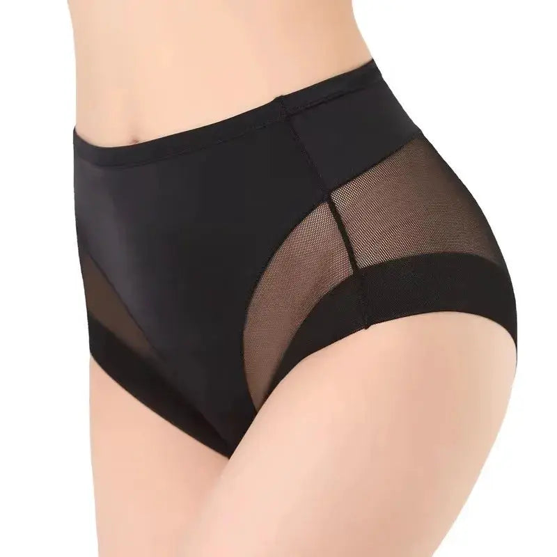Women's high-waist tummy-control shaping panties with mesh side panels, black