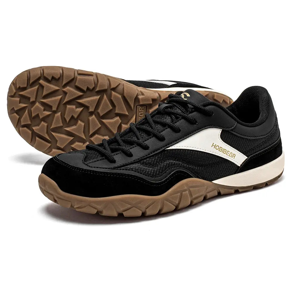 HOBIBEAR wide-width hiking shoes, black with white stripe, non-slip gum outsole, lace-up trekking sneakers.