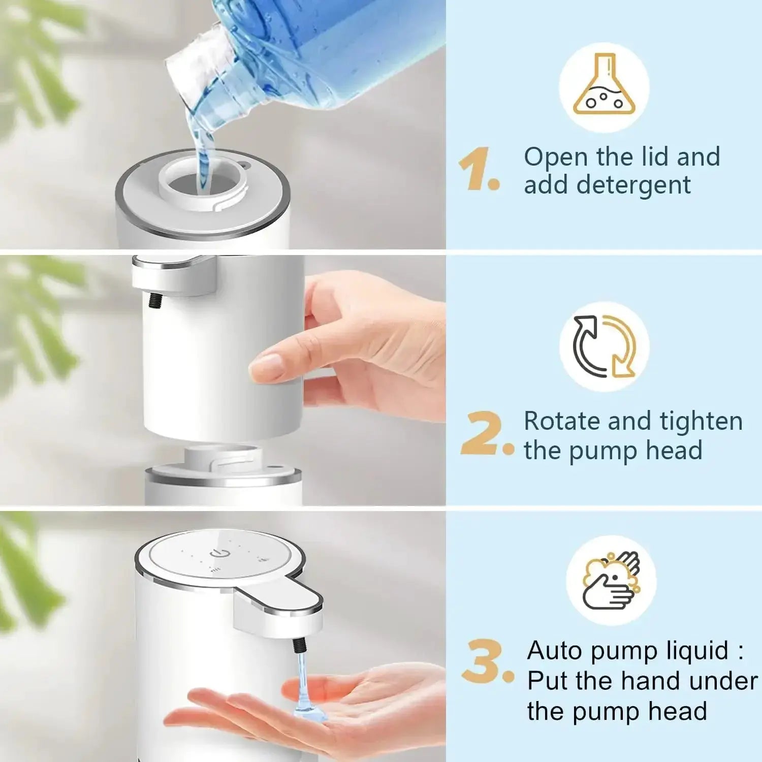 Simples Market automatic touchless liquid soap dispenser, USB-rechargeable white with chrome pump, infrared sensor