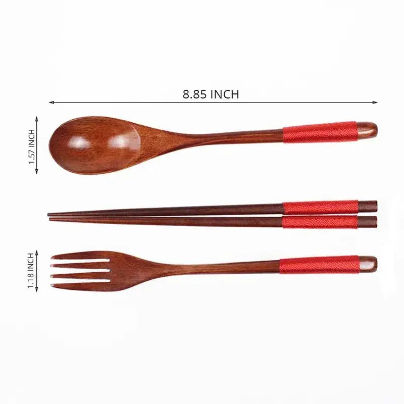 ZenWood Japanese Style Three Piece Wooden Cutlery Set With Chopsticks Fork Spoon Hygienic Safe Easy To Use