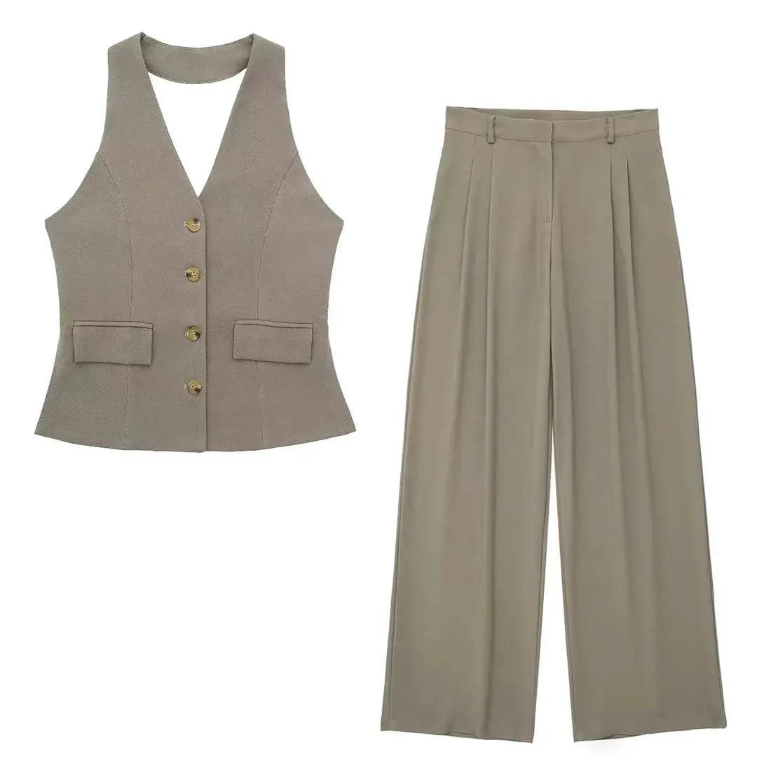 HH Women Pant Suit Set Halter Vest Blazer Top Zipper Pants Office Lady