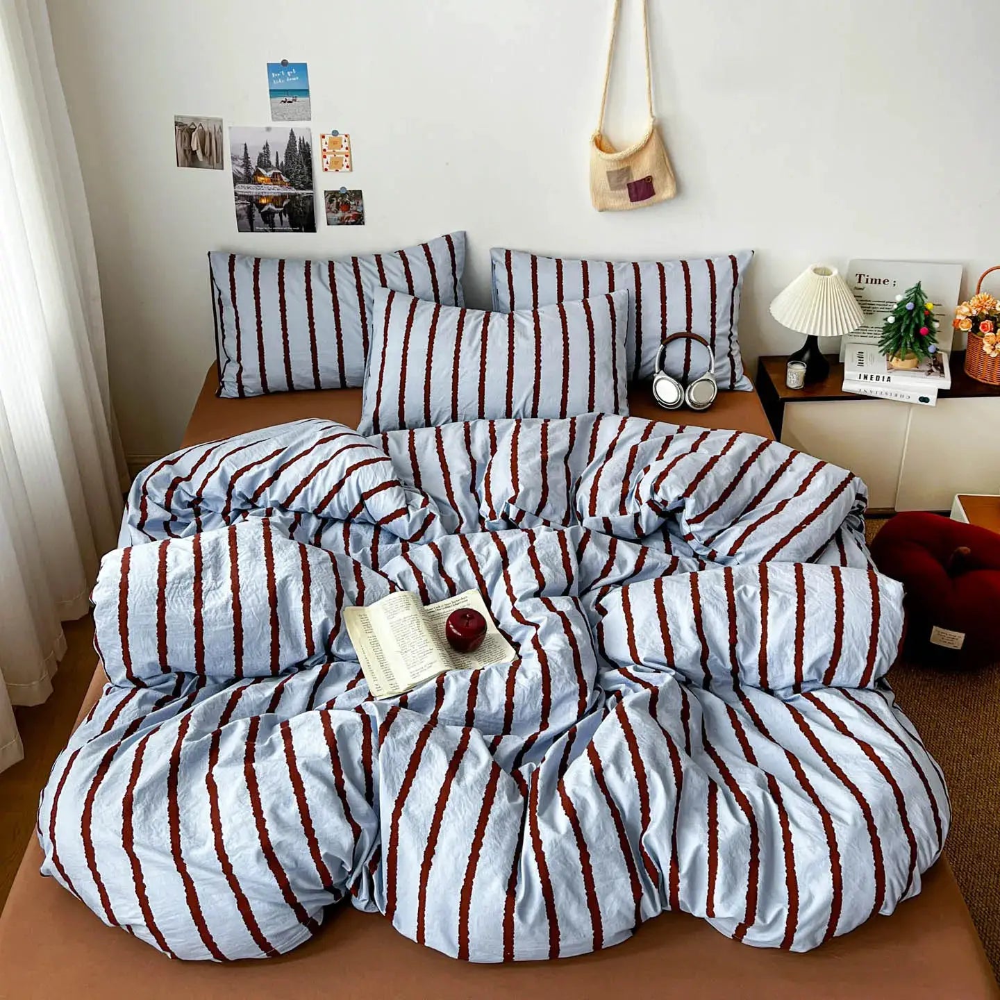 3-piece blue striped duvet cover set with 2 pillowcases in washed cotton
