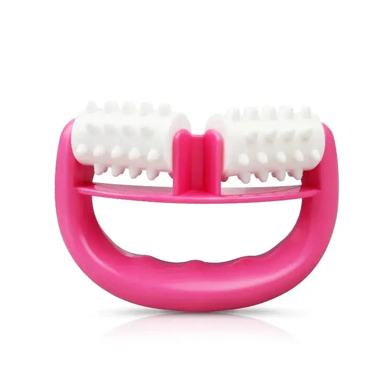 Pink handheld anti-cellulite roller massager with white textured rollers
