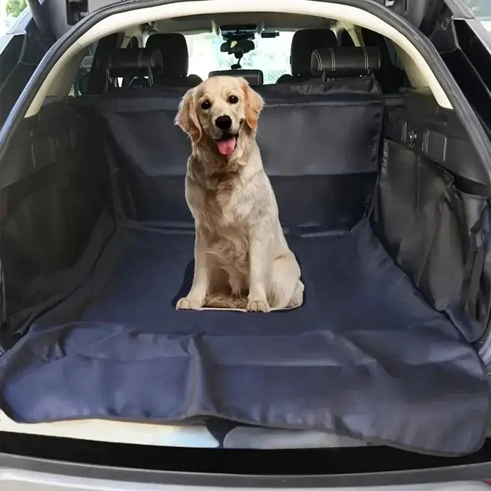 Universal waterproof polyester cargo mat for car trunk in navy blue, with a dog sitting on it