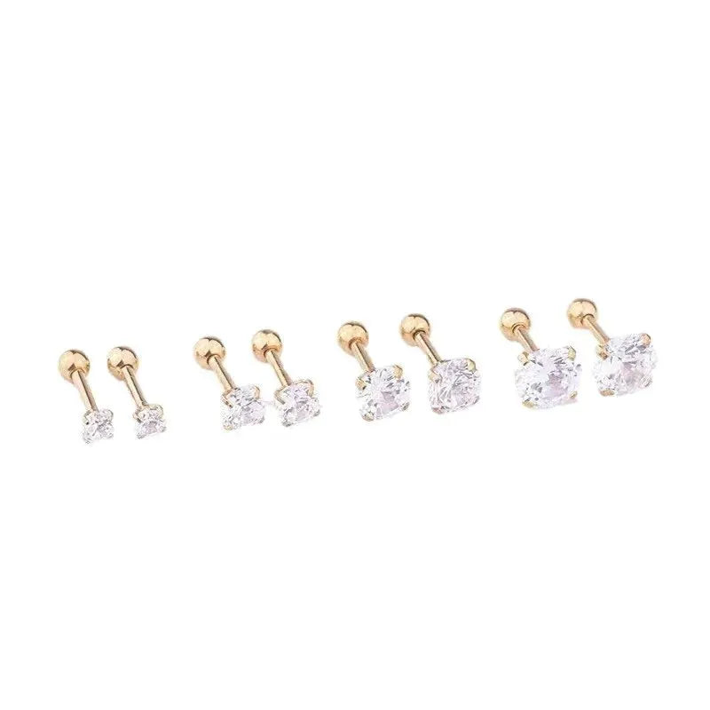 Gold-tone crystal stainless steel stud earrings—three-piece set with 3mm, 4mm and 6mm stones.