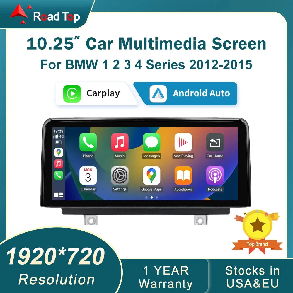 Road Top 10.25-inch BMW multimedia display with CarPlay and Android Auto for 1–4 Series (2012–2015)