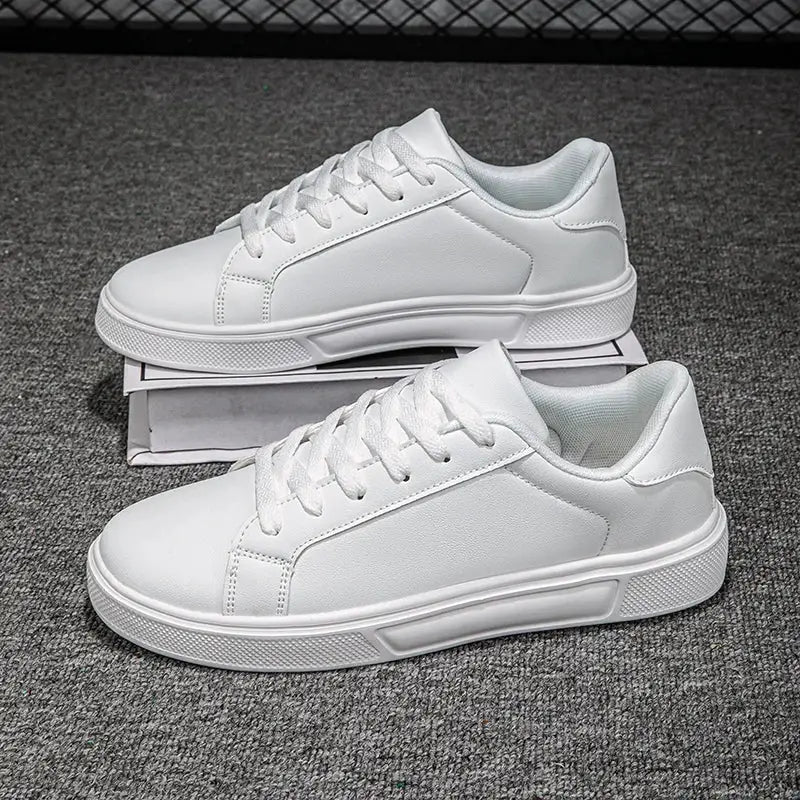 White PU leather sneakers, casual pair with chunky vulcanized sole