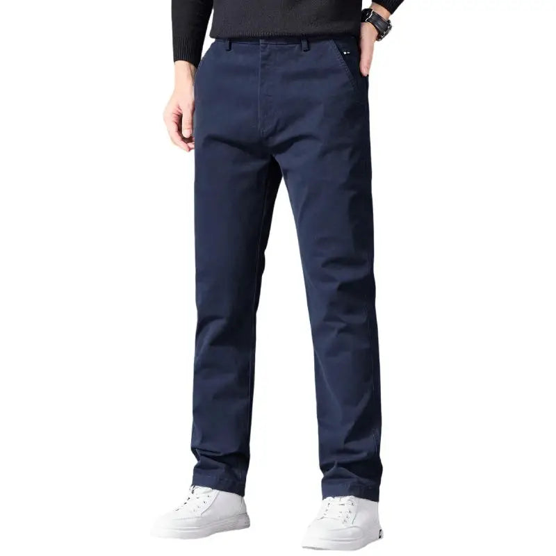 Autumn men's cotton pants, navy blue, classic straight-leg with elastic waist.