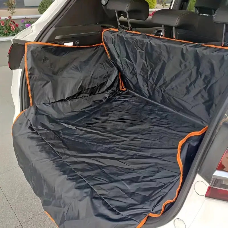 Car trunk mat for SUVs, black waterproof liner with orange edging and dirt-resistant backing