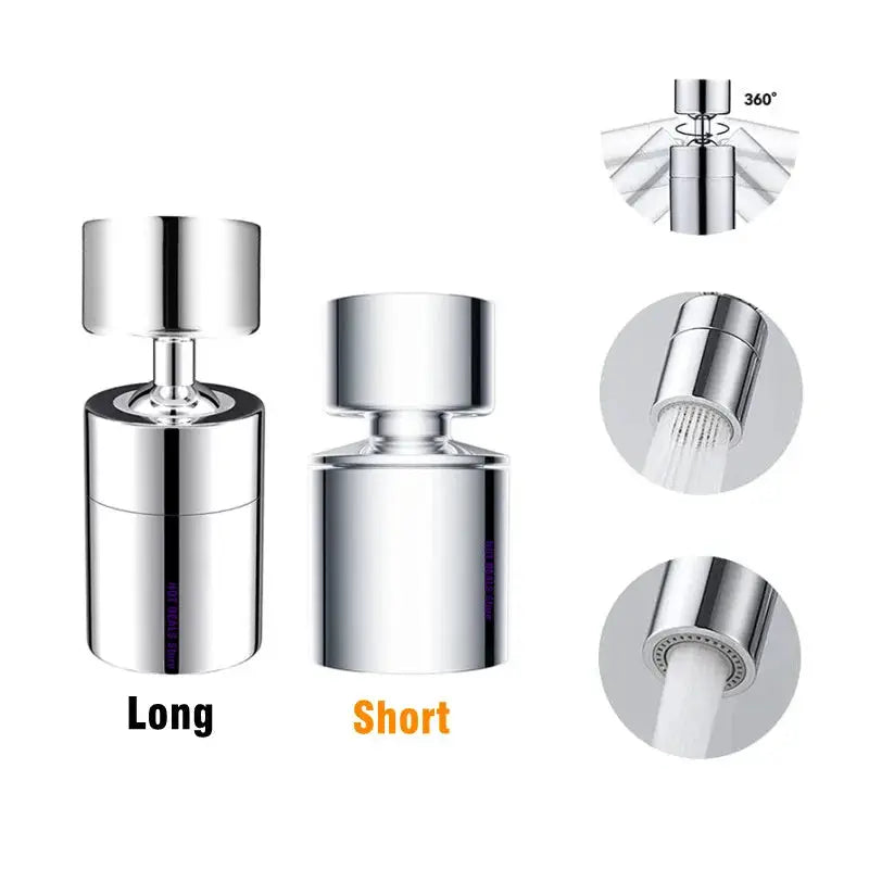 Simples Market chrome dual-function faucet aerator; long and short versions with 360° swivel