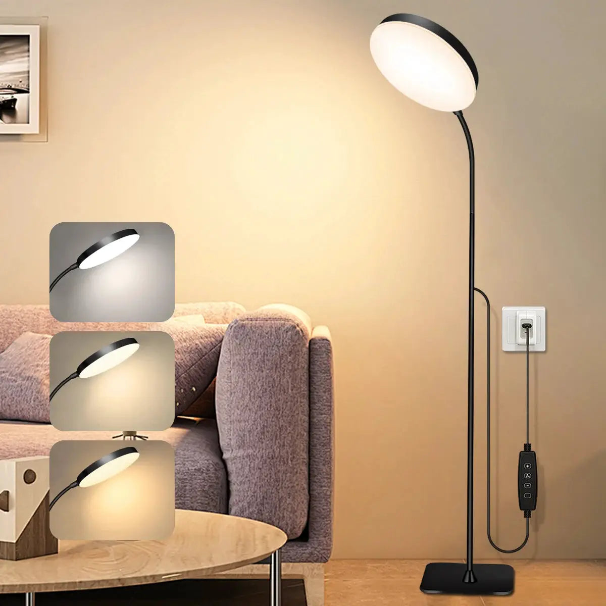 Simples Market black LED floor lamp with flexible gooseneck, dimmable indoor reading light