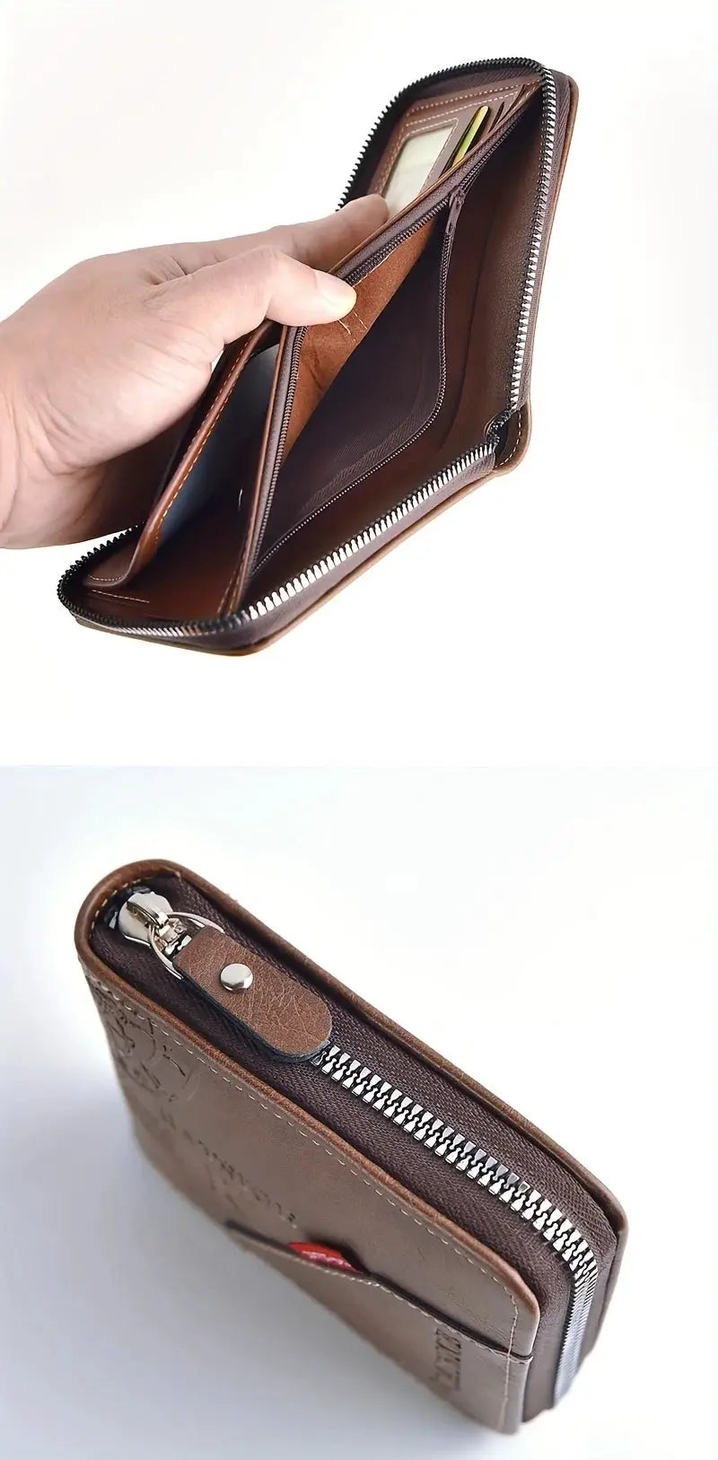 Men's brown PU wax oil skin wallet by Simples Market with zip-around closure and card slots