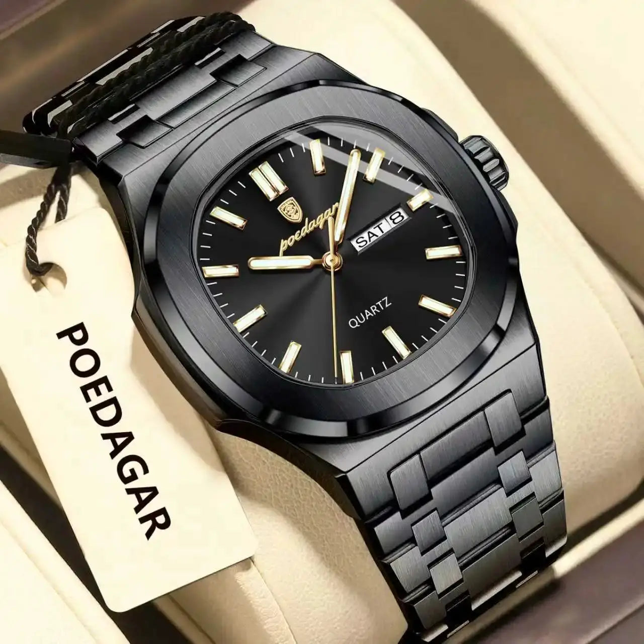 POEDAGAR black stainless steel square men's watch with gold-tone hands and date window