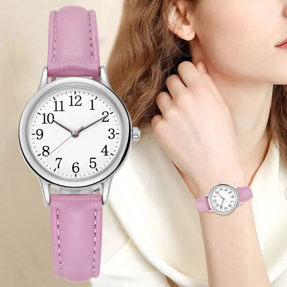Leisure Fashion Women Quartz Wristwatch With Easy Read Arabic Numerals Simple Dial Candy Color PU Leather Strap