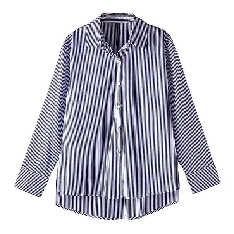Simples Market women's striped button-down blouse, blue and white vertical stripes, lantern sleeves, stand collar.