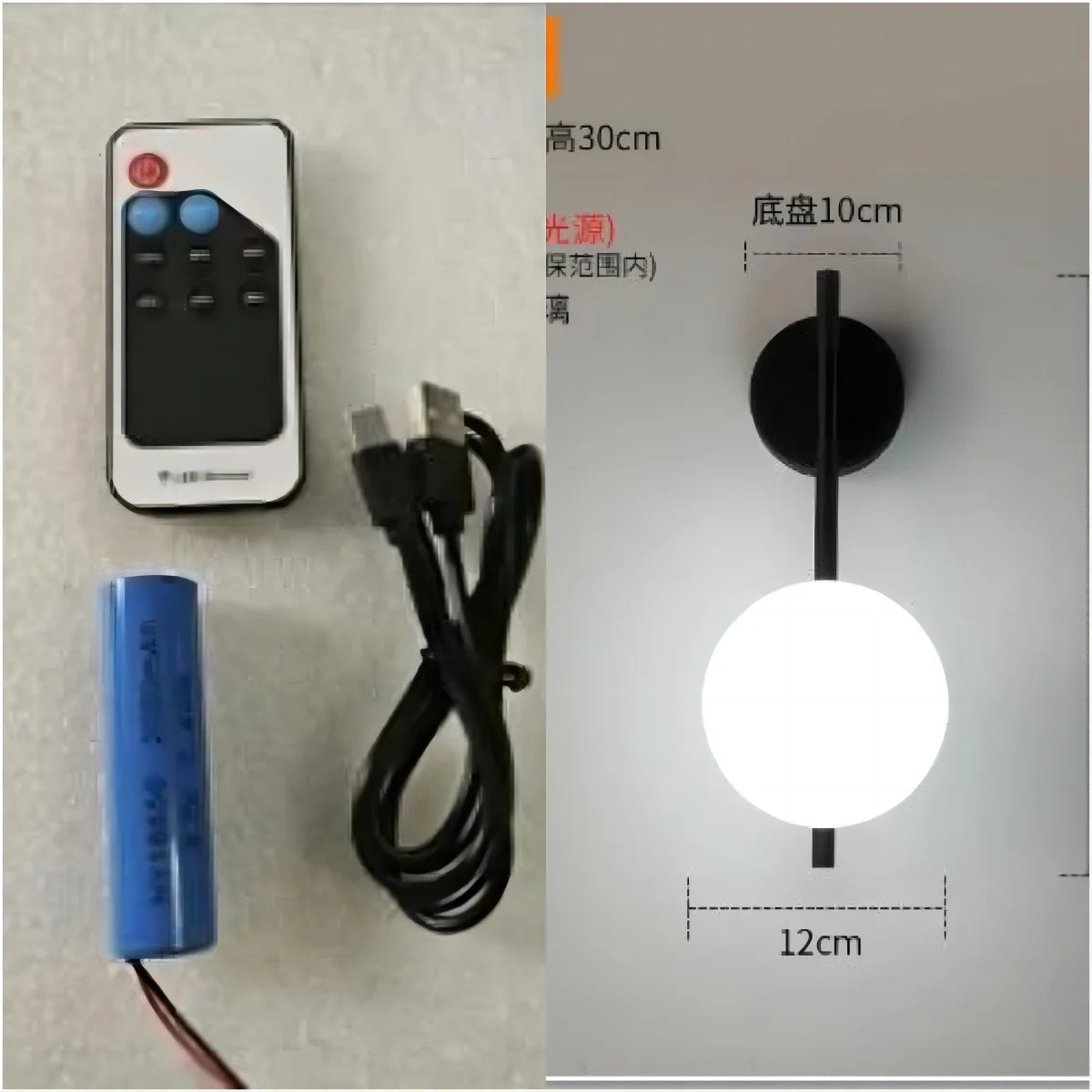 USB Rechargeable gold LED glass wall lamp with remote control dimming; modern bedside sconce.