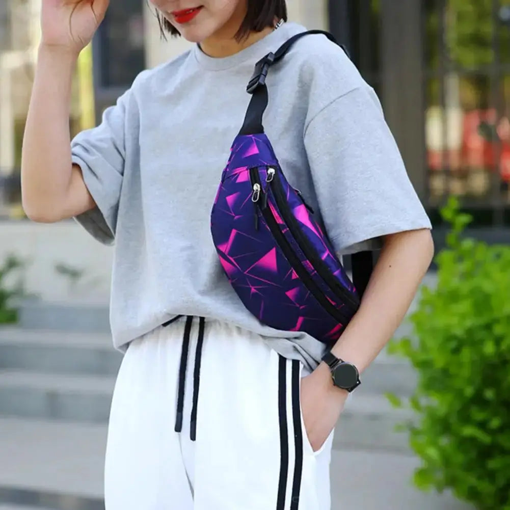 Purple geometric pattern waterproof waist pack for phones with dual zippers, worn across the body