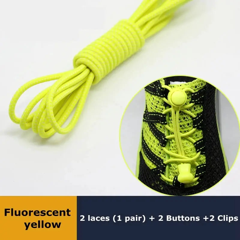 Elastic no-tie sneaker shoelaces in fluorescent yellow; round rubber laces with locking toggles, 1 pair