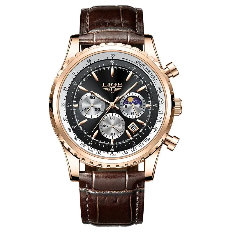 LIGE men's luxury chronograph watch with rose-gold case, brown leather strap, black dial and date window waterproof