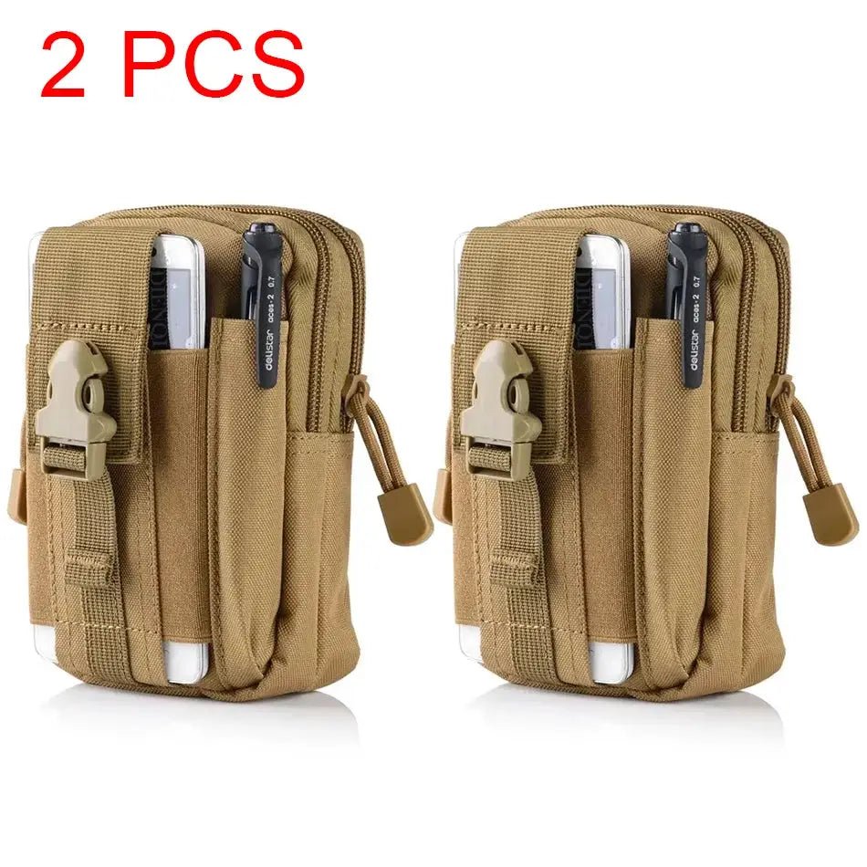 Two beige tactical leg bags by Simples Market with phone pockets and clips