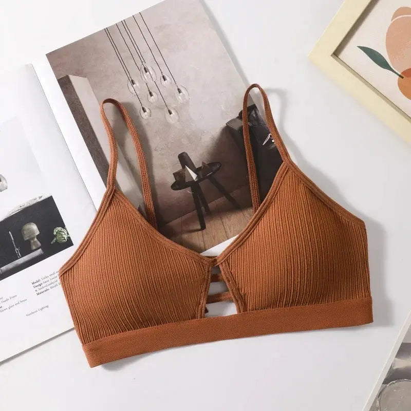 Women's ribbed hollow-out bralette, wireless brown bra