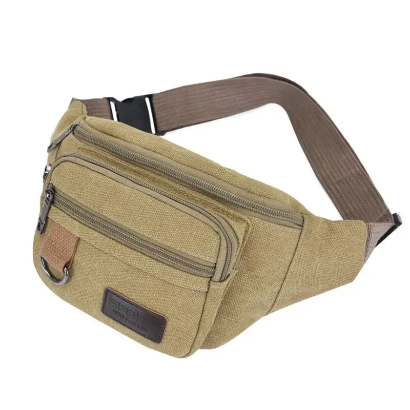 Canvas chest bag by Simples Market, tan waist bag with brown adjustable strap and multiple zip pockets.