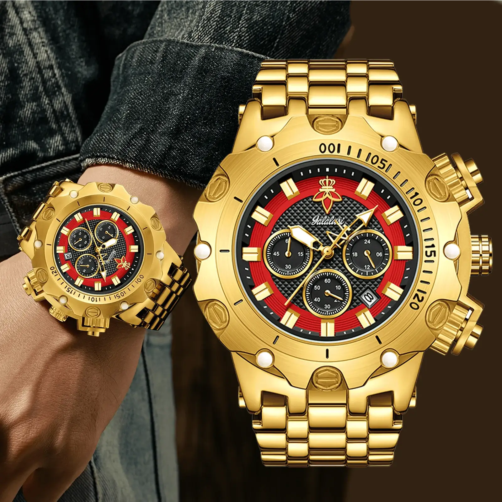 YaLaLuSi men's multifunctional luxury watches, two gold-tone timepieces with textured black and red dials.