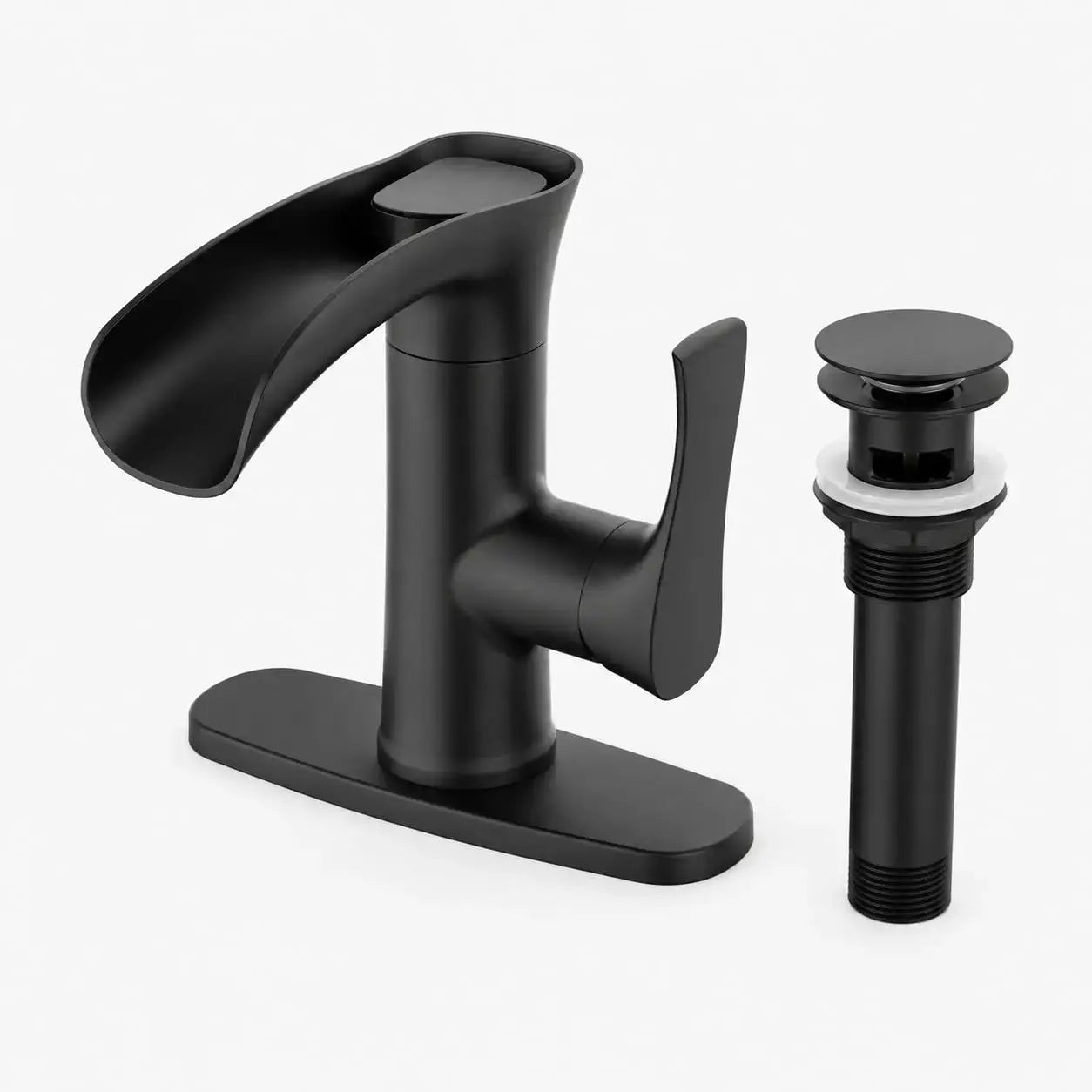 Modern waterfall bathroom faucet and pop-up drain set in matte black; deck-mount with single lever