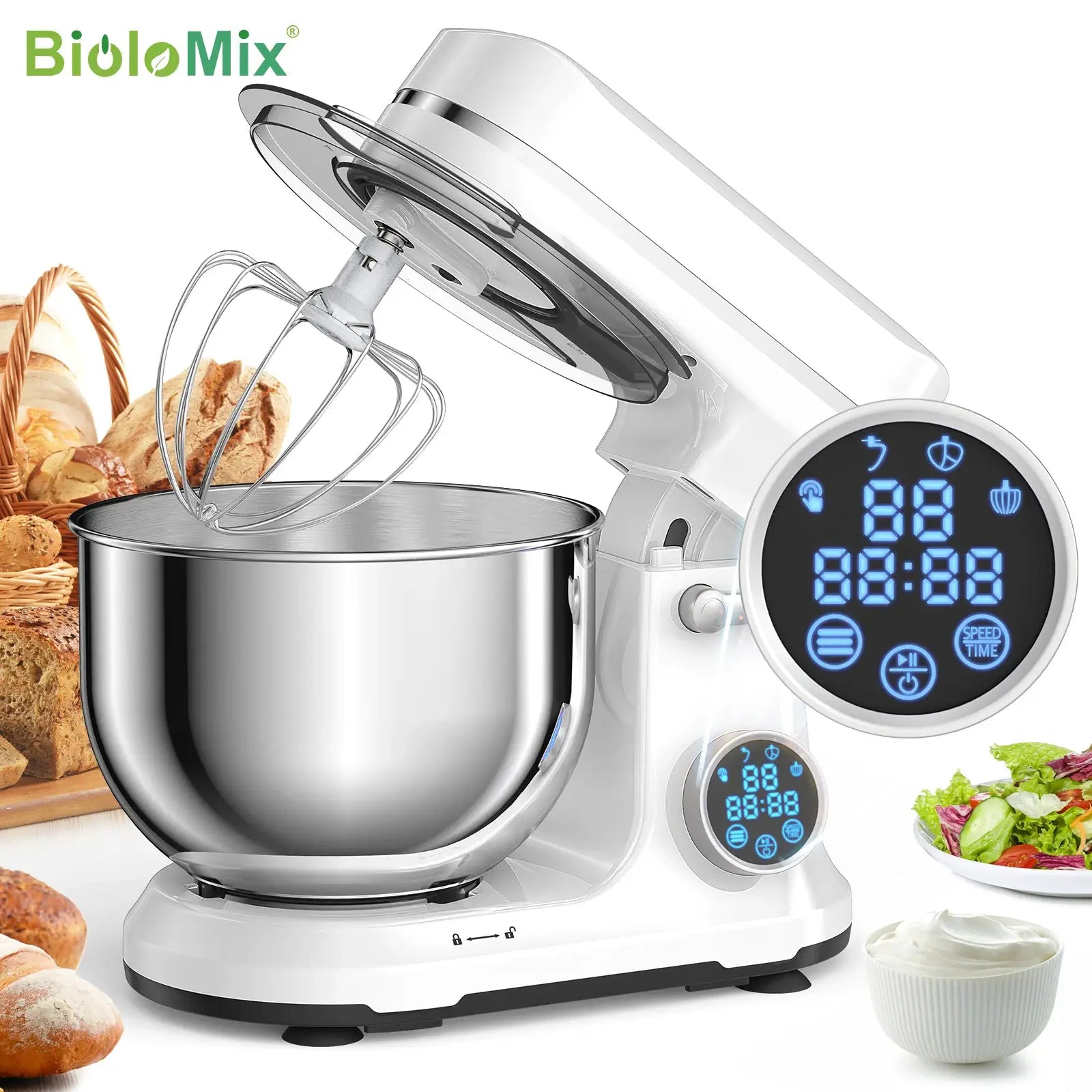 BioloMix 1200W Stand Mixer With 11 Speeds DC Motor Digital OLED Screen