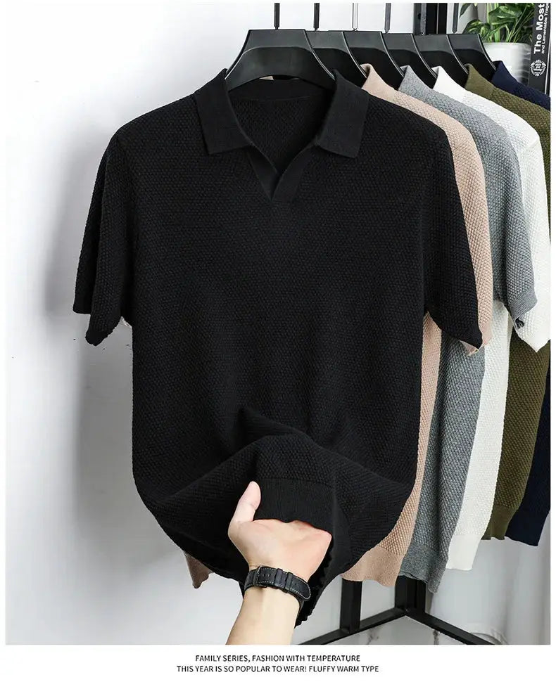 Simples Market 100% cotton short-sleeve polo shirt, black knitted texture, men's casual top
