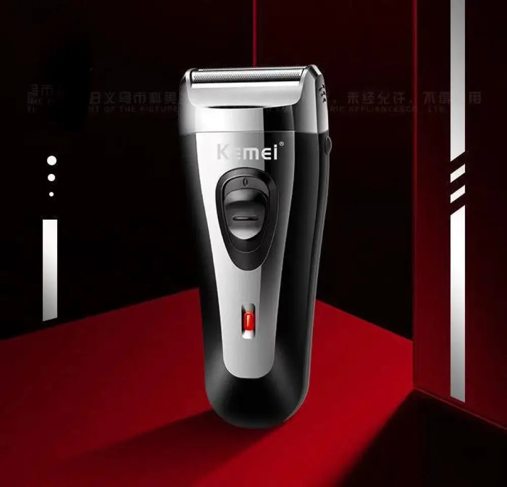 Kemei KM-9038 men's USB rechargeable foil shaver black-silver finish; ideal for beard grooming; includes spare mesh