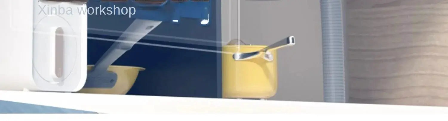 Kitchen faucet and soap dispenser display; yellow faucet against a blue panel backdrop in showroom.