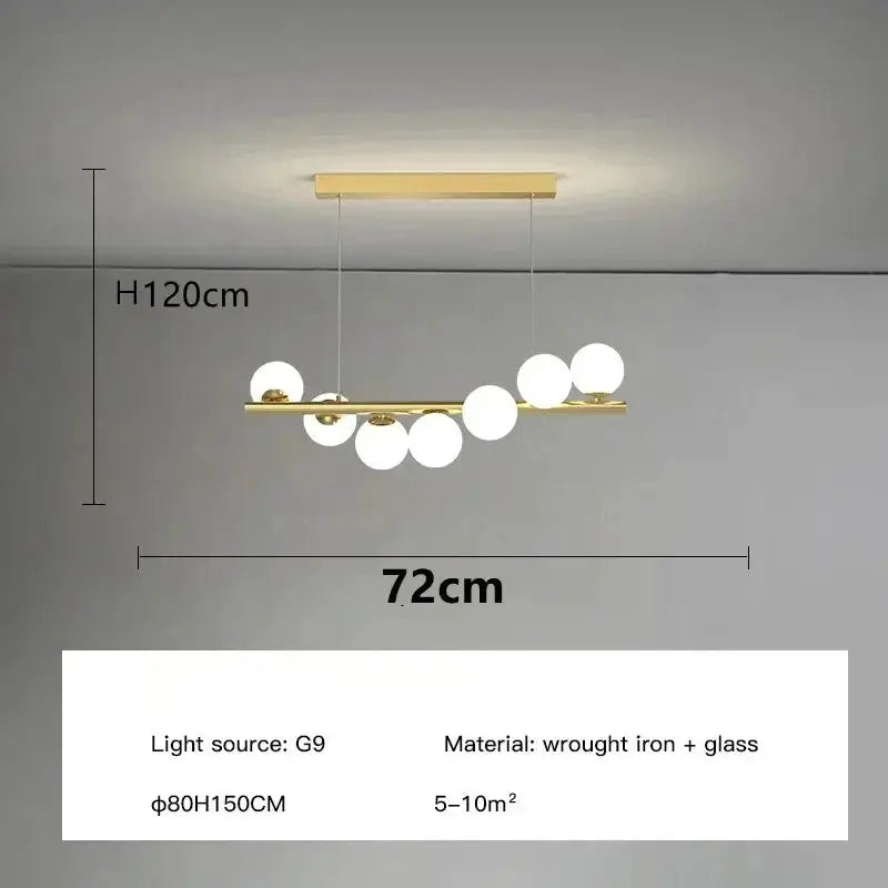 Nordic ceiling chandelier Simples Market, gold wrought-iron frame with glass globes, 72cm long