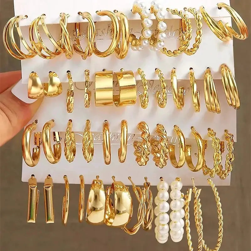 24 Pairs Gold Color Vintage Hoop Earrings Set For Women And Girls With Imitation Pearl And Geometric Twist Designs
