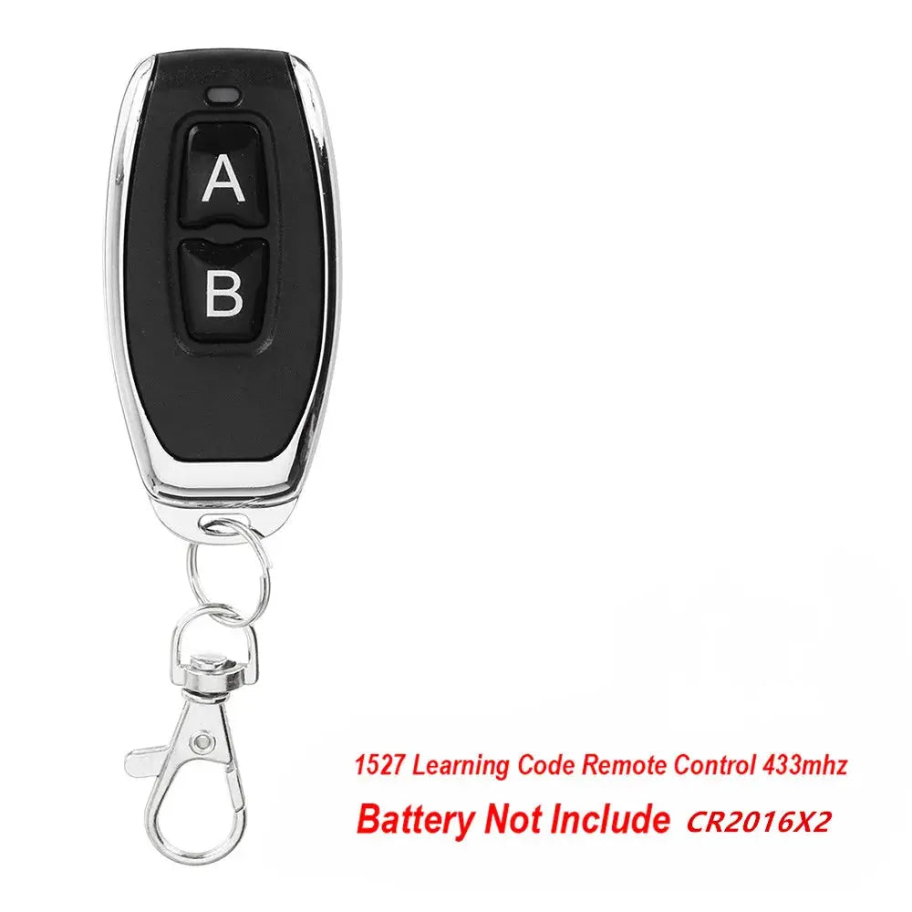 Remote control with two black buttons A and B, chrome trim, RF433 learning-code remote on keychain