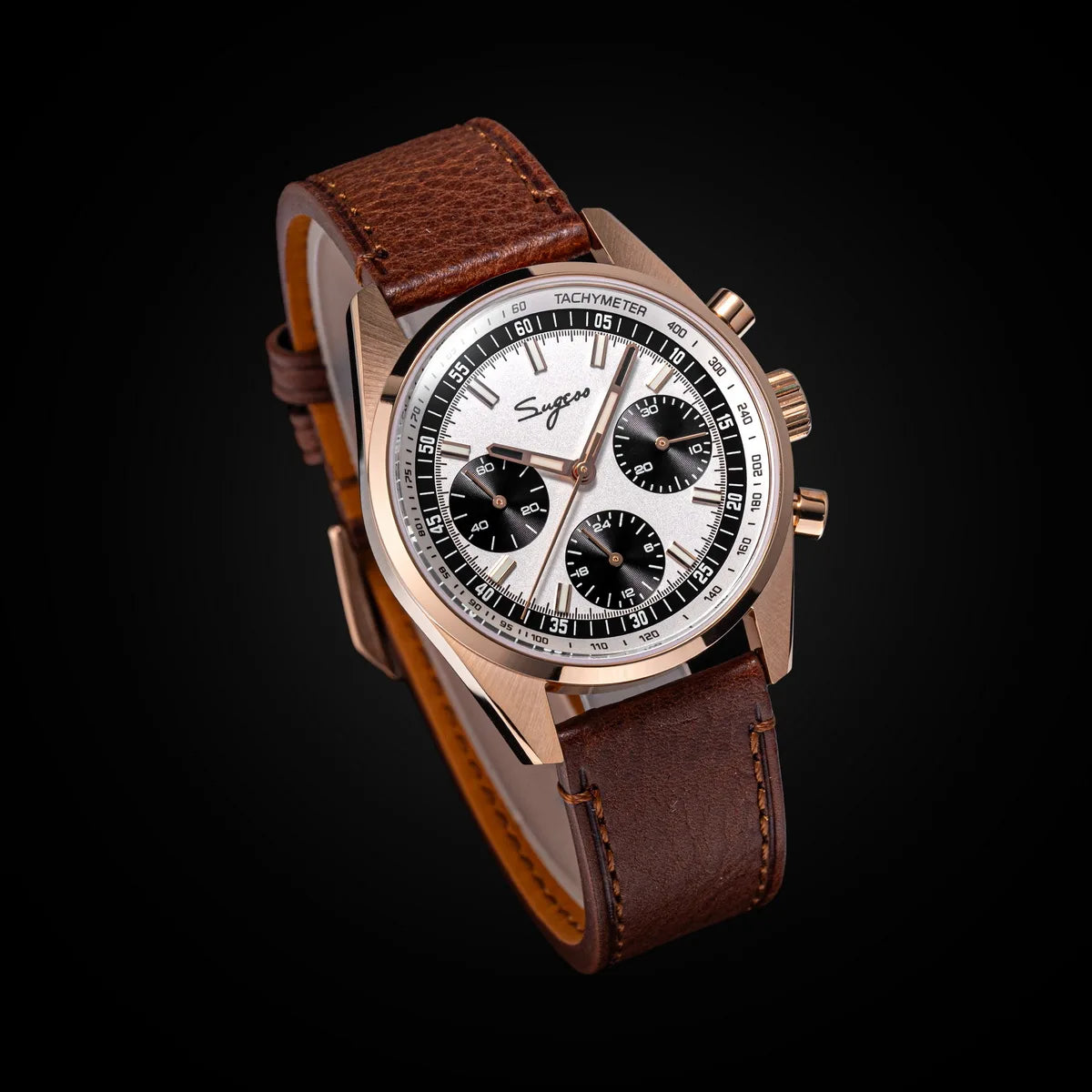 Sugess men's 38mm chronograph watch with rose gold-tone case, silver dial, black subdials, and brown leather strap
