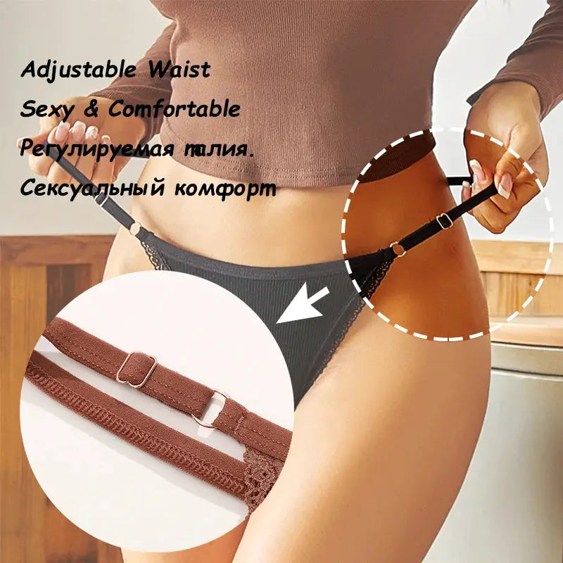 5-piece women's cotton thong set in brown with adjustable waist