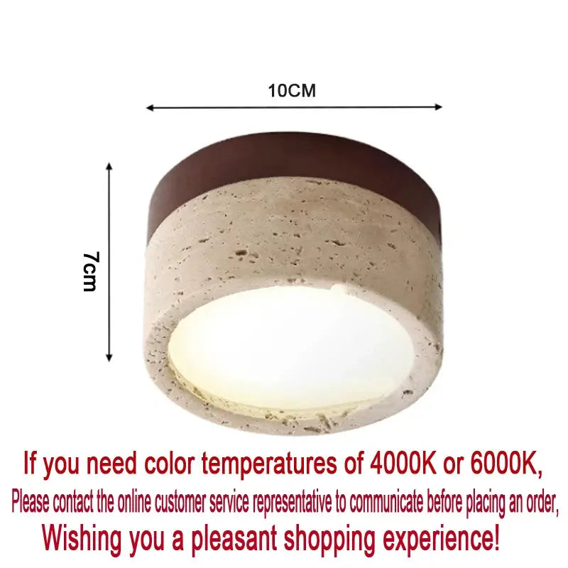 Japanese Wabi Sabi Stone LED Ceiling Light, cream stone finish, cylindrical flush-mount design