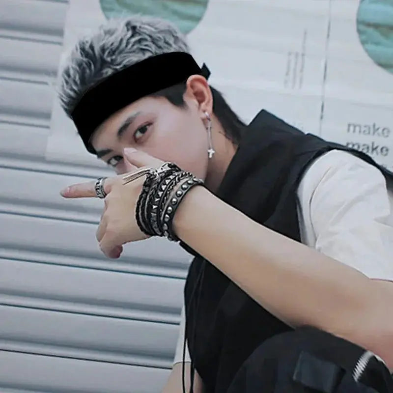 Hip-hop style cosplay knitted cap wig in gray with a black headband.