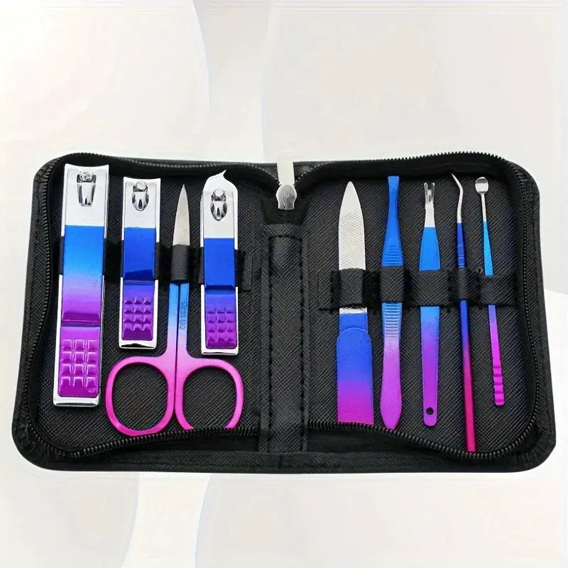 Simples Market 9-18pc stainless steel manicure and pedicure kit with travel case and blue-purple gradient tools