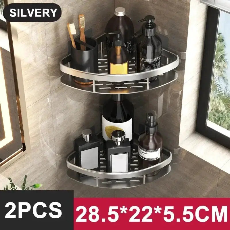 Aluminum bathroom corner shower shelf organizer, no-drill, two-tier silver rack by Simples Market