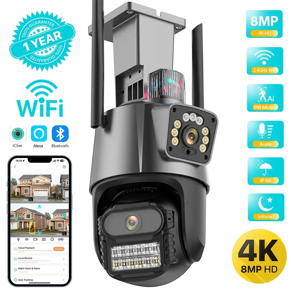 Outdoor wifi PTZ camera with dual-lens, 4K/8MP HD, AI auto-tracking, infrared LEDs, IP66 weatherproof