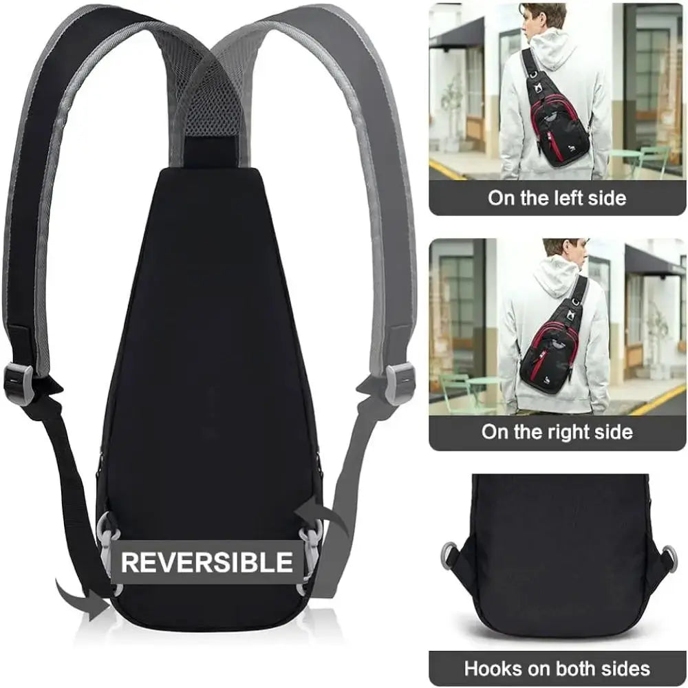 OIWAS crossbody chest bag in black with a single strap; lightweight and reversible for travel and everyday use.