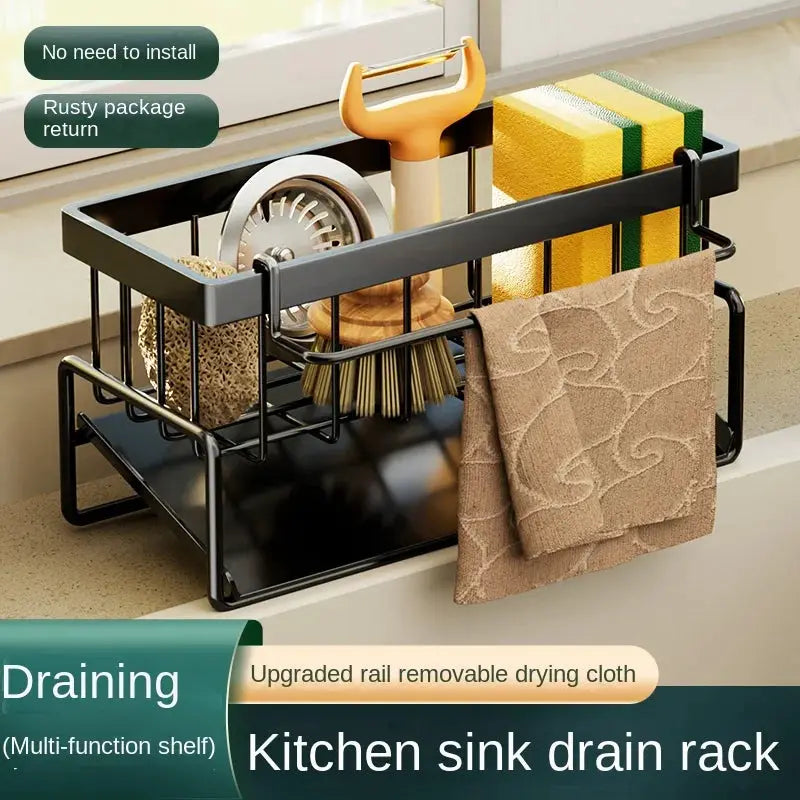 Kitchen sink drain rack by Simples Market, black metal multi-function shelf with sponge/brush holders and towel hanger.