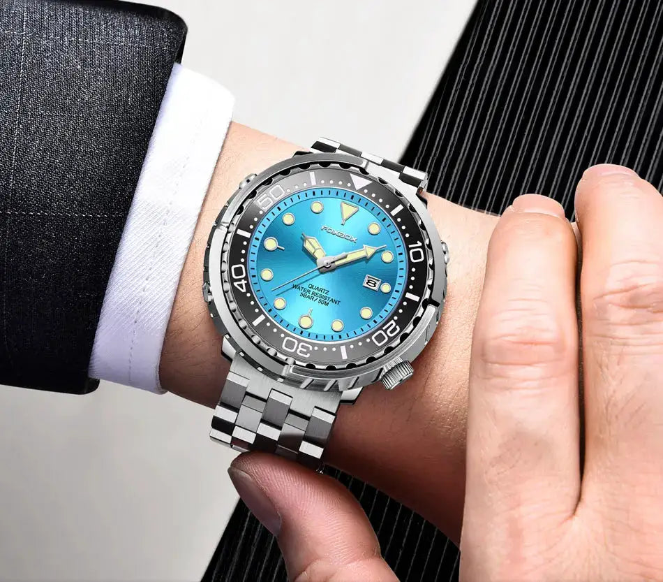 FOXBOXE quartz men's watch with blue dial, steel bezel, stainless steel bracelet, 5ATM waterproof, date window