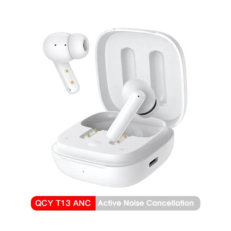 QCY T13 ANC wireless earbuds with white charging case, Bluetooth 5.3, 4 mics ENC, active noise cancellation.